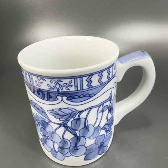 1995 Jardin Blue Cardinal Ceramic Coffee Mug Cup Set 2 Blue White Fruit Cherry - Picture 8 of 15